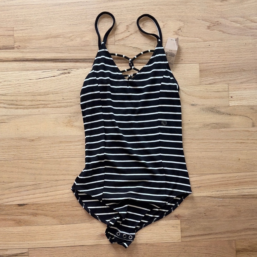 American Eagle Outfitters Black and White Striped Ribbed Bodysuit